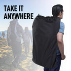 Black carry bag for folding bench with cinched top and carrying handle