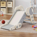Grey and beige foldable kids slide with circular side handles and standing base