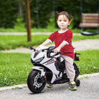 White kids ride-on motorcycle with training wheels, with child seated on the seat