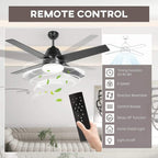 Black ceiling fan with LED light and black remote control for speed and direction