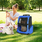 Blue rolling pet carrier backpack with front mesh window and side storage pocket