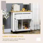 White sideboard cabinet with open storage doors and two drawers, wood top