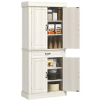 White tall cupboard with open upper and lower compartments and front drawer