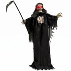 Animated grim reaper figure in black hooded robe with red glowing skull and raised arms