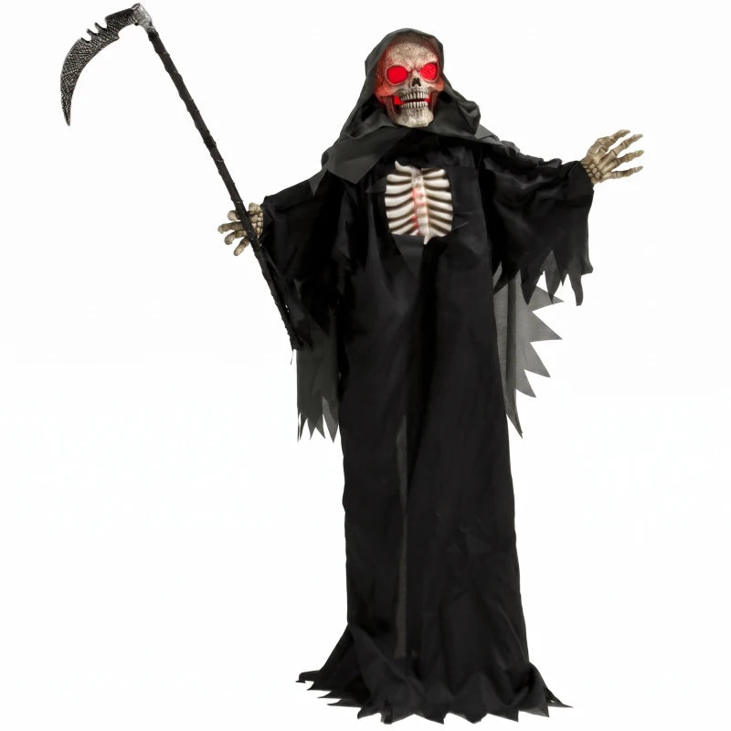 Animated grim reaper figure in black hooded robe with red glowing skull and raised arms