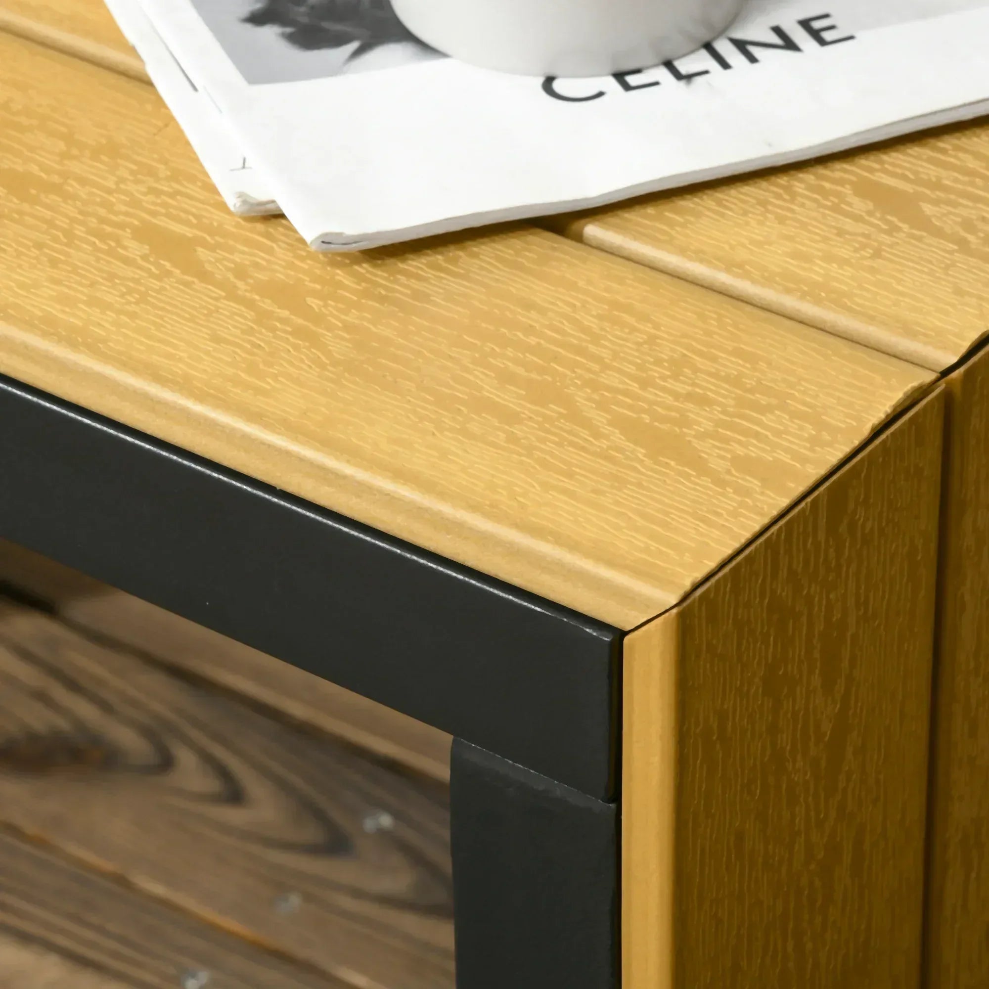 3 Pieces Patio Furniture Set, Outdoor Garden Sofa Conversation Set w/ Padded Cushions, Wood Grain Plastic Top Table and Side Panel, Dark Grey - Bobobiy