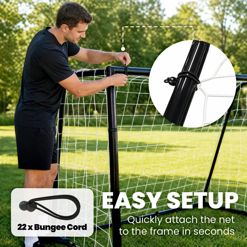 Black football goal net attached to metal frame with bungee cords
