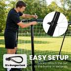 Black football goal net attached to metal frame with bungee cords