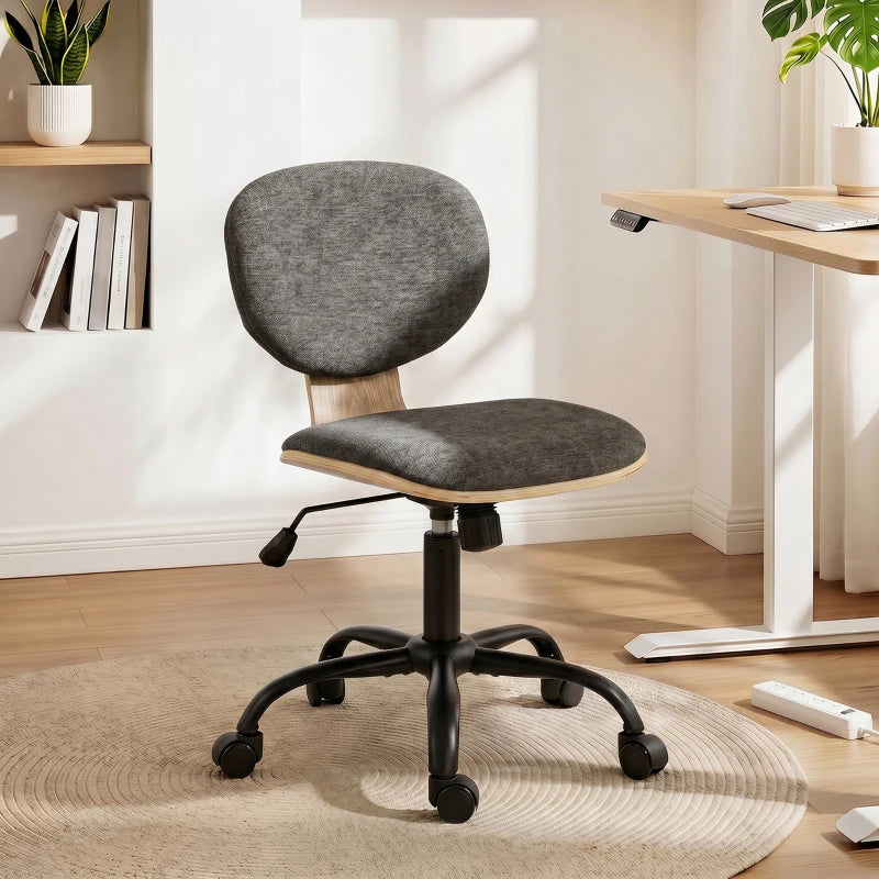 Grey upholstered office chair with curved back and wheeled 5-star base