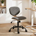 Grey upholstered office chair with curved back and wheeled 5-star base