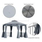 Grey hexagon gazebo canopy with reinforced steel frame and safety bars, side window mesh