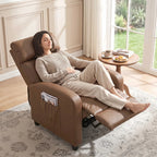 Dark brown push-back recliner armchair fully reclined with side pocket
