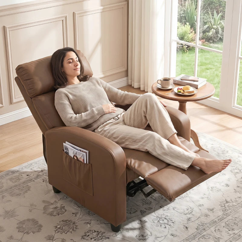 Dark brown push-back recliner armchair fully reclined with side pocket