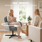 Grey shell-shaped swivel accent chair with curved arms and black metal swivel base