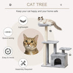 Light grey cat tree tower with plush perches, cubby house, and hanging ball