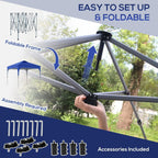 Folding frame pop-up gazebo with canopy arms and included accessories in a staging layout