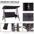 Black swing chair hammock details: steel frame, cup holders, anti-slip foot pads