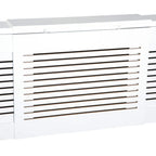 White radiator cover front panel with dense horizontal slat vents and slim trim edges