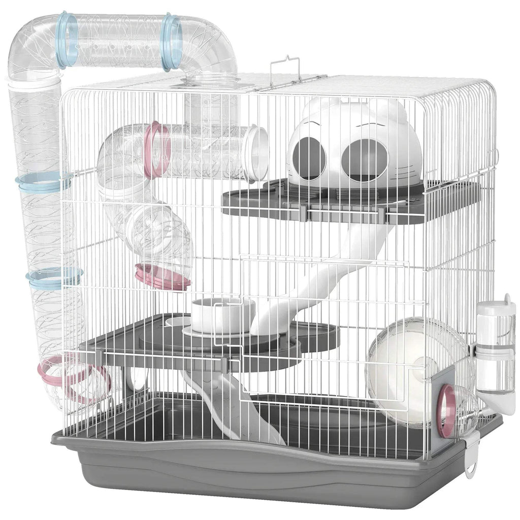 Grey 3-tier hamster cage with exercise wheels, water bottle, and food dish inside