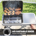 Open black gas BBQ grill lid with lit cooking food and adjustable burners