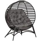 Egg chair with gray tufted cushion and black striped back frame