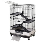 Three-tier metal hutch with black wire bars, ramp and platforms, white base, clear tray