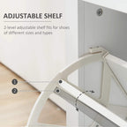 Adjustable shelf inside a white shoe storage cabinet with angled support brackets