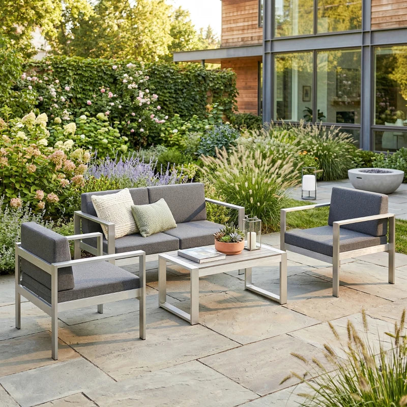 Outdoor 4-piece garden seating set with dark grey cushions, aluminium frames, and coffee table