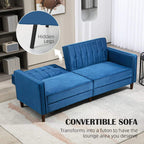 Blue velvet-feel three-seater sofa bed with tufted back and extended base legs detail