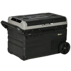 Black and grey portable compressor cooler box with top control panel and side vent