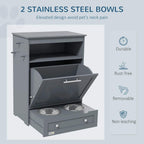 Grey pet feeder cabinet featuring two stainless steel raised bowls