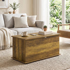 Brown bench-style storage chest with hinged lid, set in a living room.