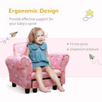 Pink cloud-pattern toddler armchair with high back, cushioned armrests, and ottoman