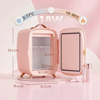 Pink mini skincare fridge with open door, internal shelves, and side control panel