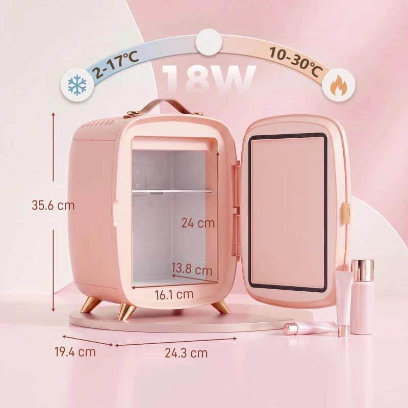 Pink mini skincare fridge with open door, internal shelves, and side control panel