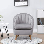 Grey upholstered single armchair with curved back, rounded arms, and wooden legs