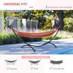 Black metal hammock stand frame holding a red striped hammock
