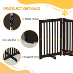 Brown dog gate details: metal hinges, non-slip support feet, vertical bars
