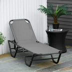 Grey sun lounger reclining chair with curved mesh seat and metal frame, side view