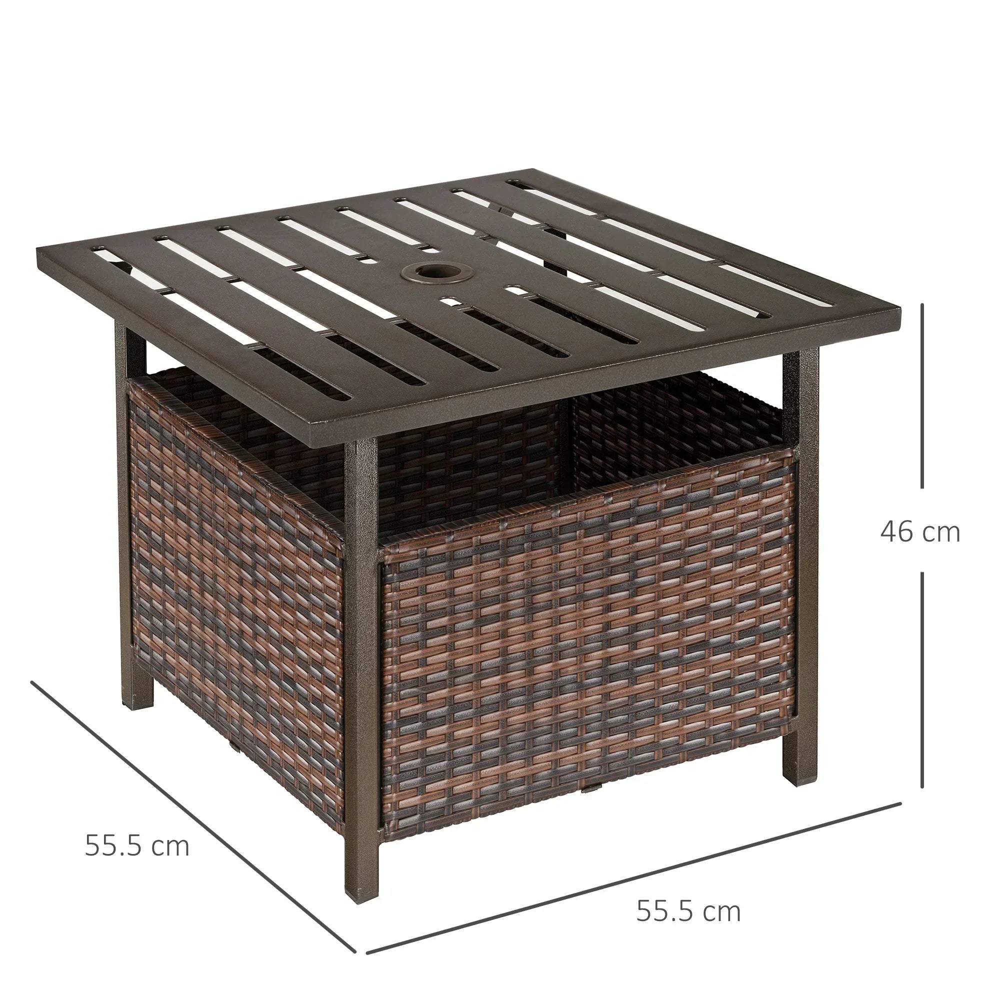 Rattan Garden Coffee Table, 55.5 cm Square Wicker Patio Side Coffee Table with 4 cm Umbrella Hole, Metal Bottom and Slatted Top for Outdoor, Balcony, Brown - Bobobiy