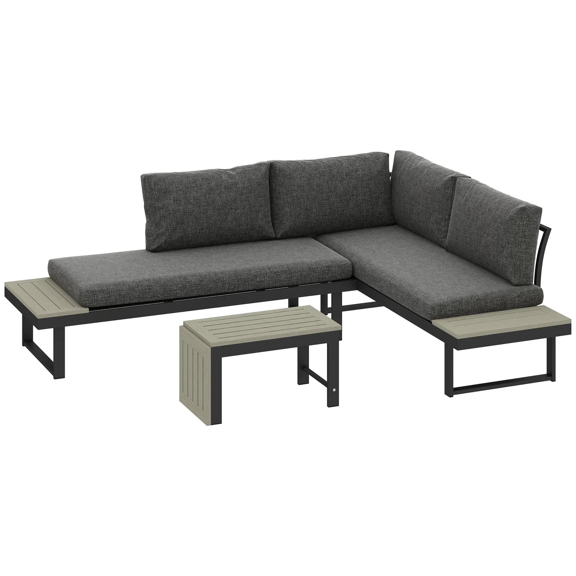 4 Seater L Shaped Aluminium Sectional Garden Furniture Set with 2 Loveseats and Wood-Plastic Coffee Table - Dark Grey - Bobobiy