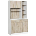 Natural wood storage sideboard cabinet with drawers, cabinet doors, and open shelves