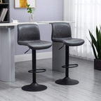 Dark grey PU bar stool set of 2 with curved backrest and footrest, black round base