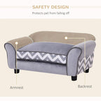 Grey pet sofa bed with chevron cushion; safety design showing armrest and backrest