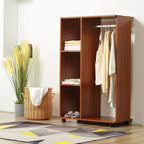 Walnut mobile garment rack with hanging rail and three storage shelves, open front
