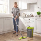Flat mop system with green mop pad and wringer bucket for cleaning hard floors