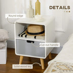 White nightstand with rounded edge, cut-out drawer handle, and solid wood legs
