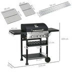 Black four-burner steel gas grill with dimension diagram and side shelf