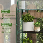 Mini greenhouse corner with clear plastic cover and green frame, plants on wire shelves