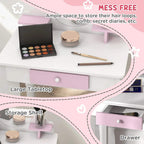 Kids dressing table with large tabletop, pink drawer, and open storage shelf
